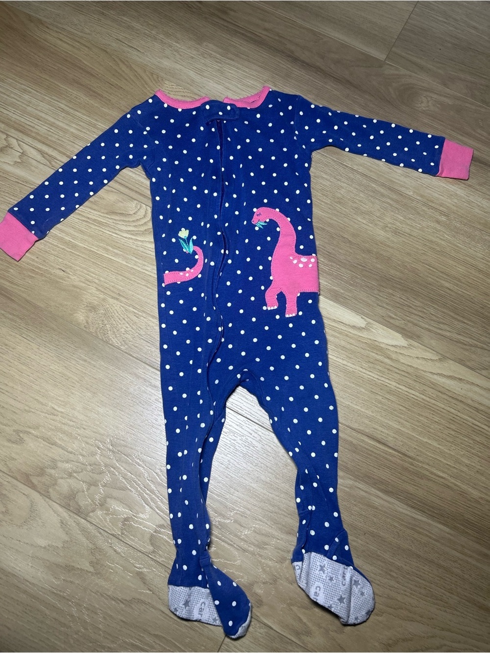 Carter's Navy Blue Polka Dot Dino Footed One-Piece with Pink Accents